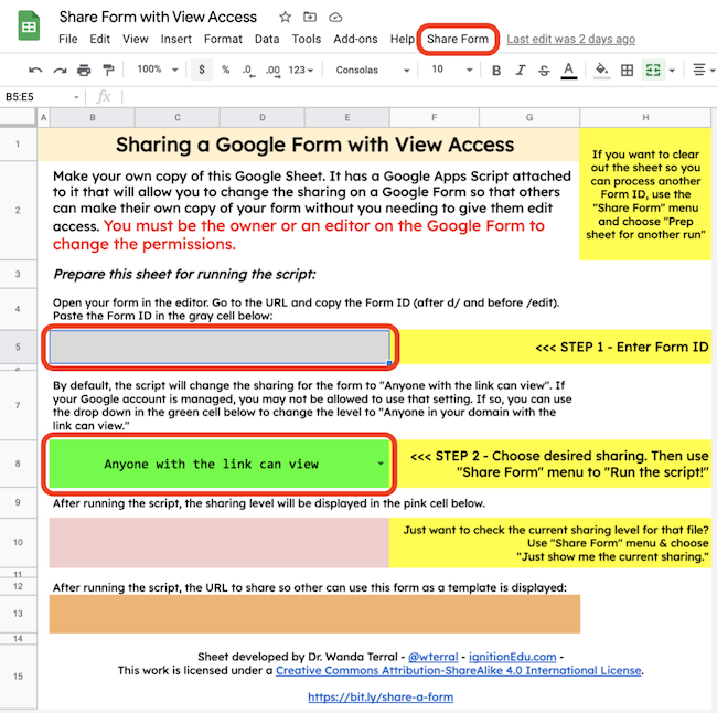 Shows the first tab of the Google Sheet which serves as the interface for adjusting the link. 